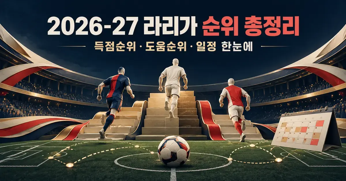 2026-27 라리가 순위 총정리 제목 아래 축구공과 계단을 오르는 선수 조형물, 달력을 배치해 순위 경쟁과 득점·도움 기록 및 일정을 표현한 이미지.