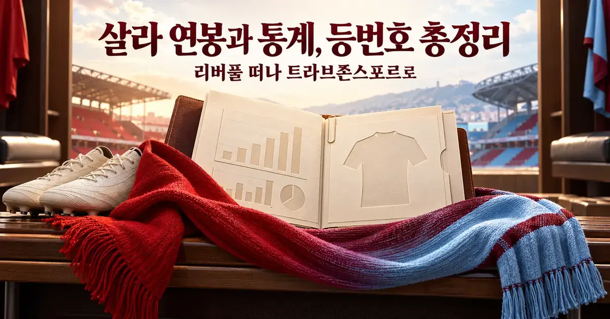 살라의 연봉·통계·등번호와 리버풀에서 트라브존스포르로의 이적을 다룬 한국어 제목 아래 축구화, 기록 파일, 붉은색과 하늘색 머플러를 배치한 기사 표지.